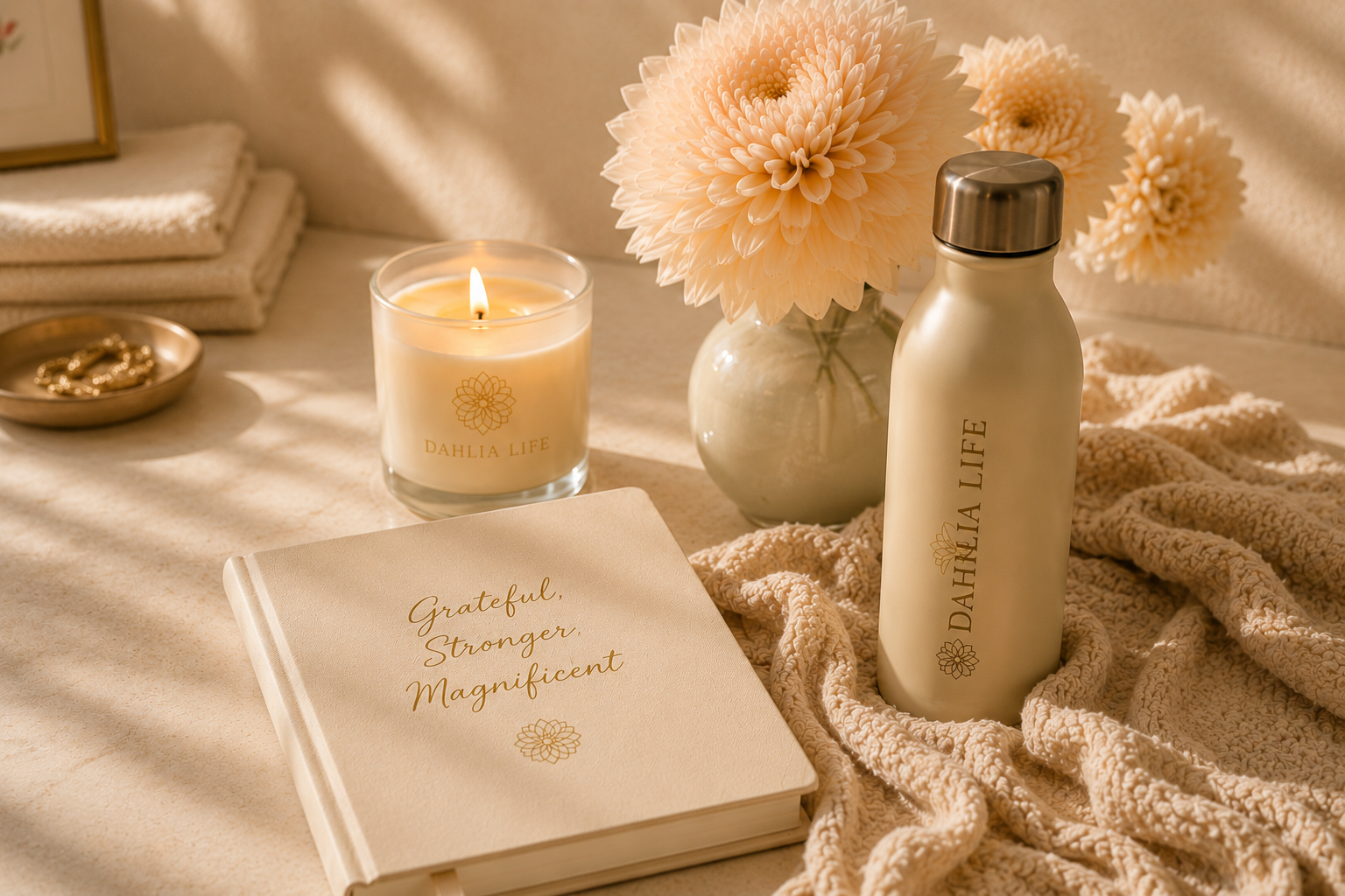 A candle, journal, water bottle, and dahlias arranged on a table