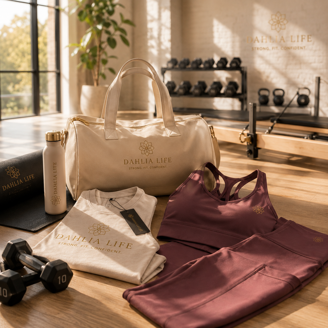 Dahlia Life activewear, gym bag, and water bottle in a studio