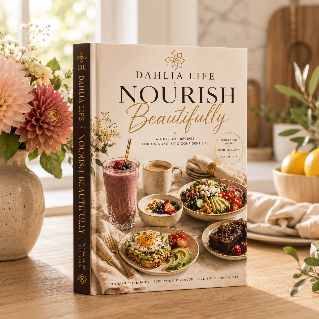 Dahlia Life Nourish Beautifully cookbook standing on a kitchen counter