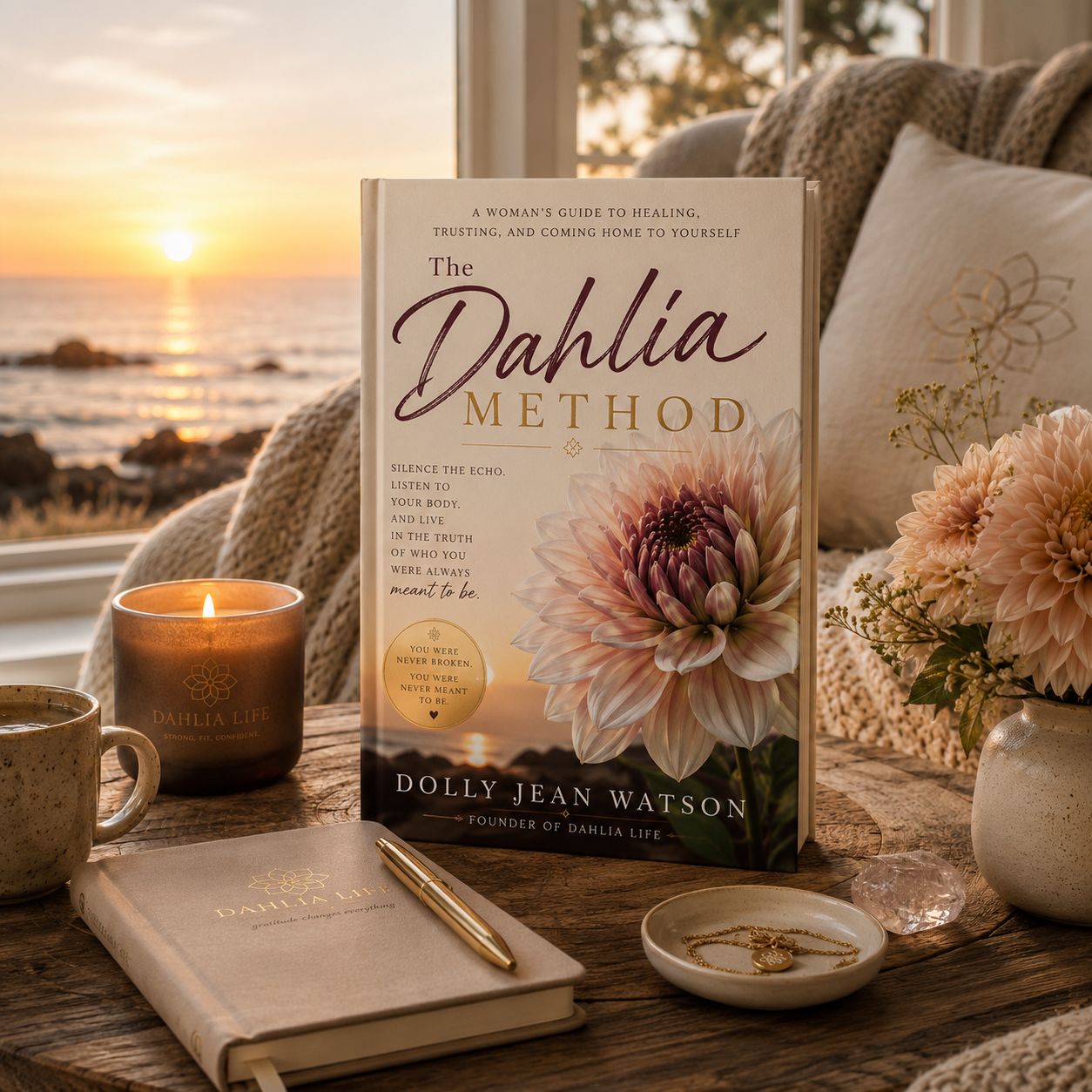 The Dahlia Method book beside a candle, journal, and dahlias with an ocean view