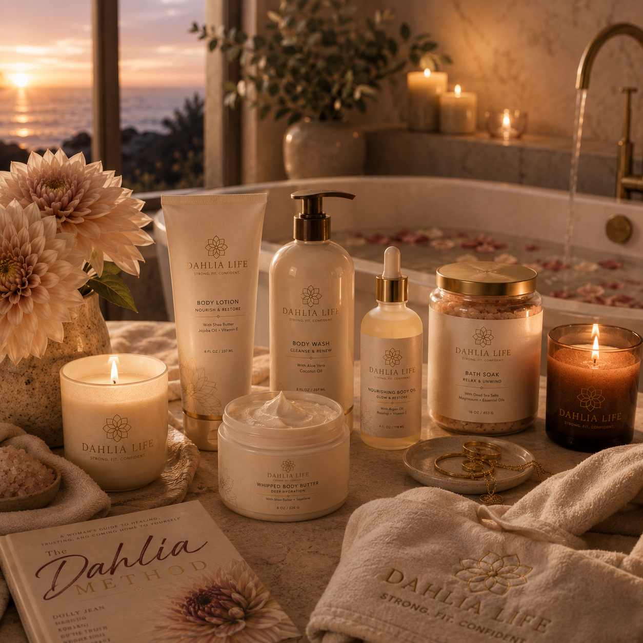 Dahlia Life self-care products beside a bath with an ocean sunset view