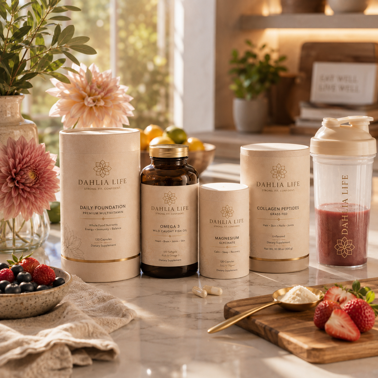 Dahlia Life supplement bottles and a shaker cup with berries