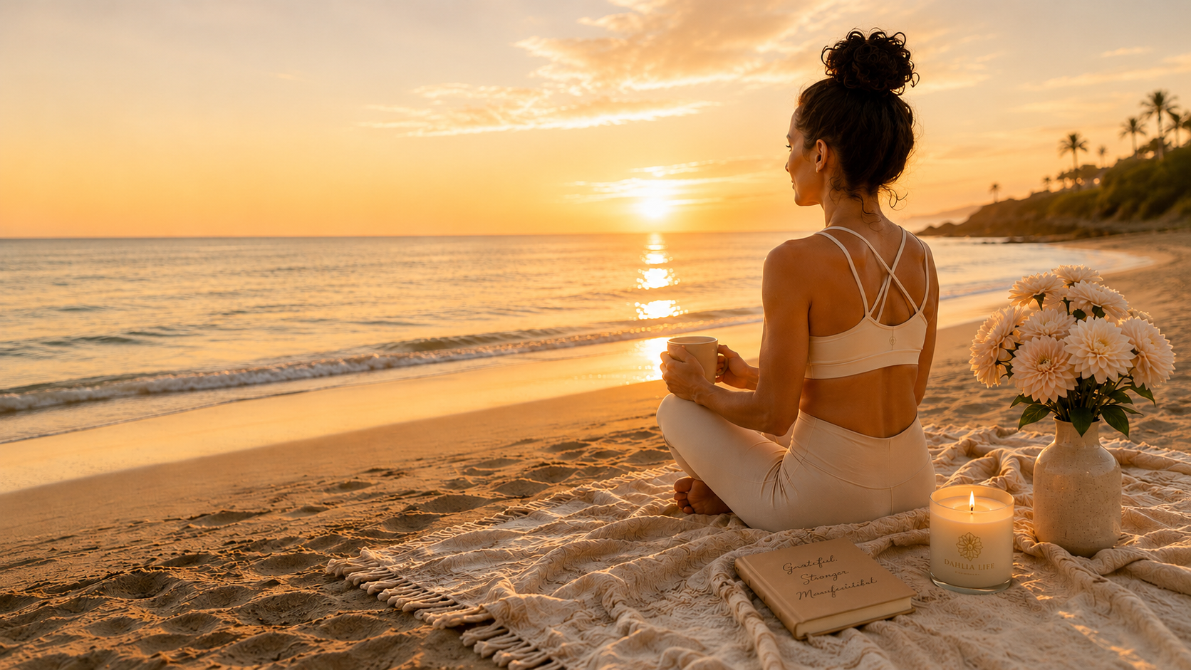 A woman sitting cross-legged on a beach at sunrise, holding a mug beside a candle, journal, and dahlias